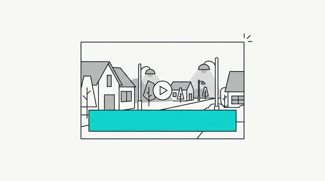 A cinematic neighborhood video frame with a bold caption bar across the bottom