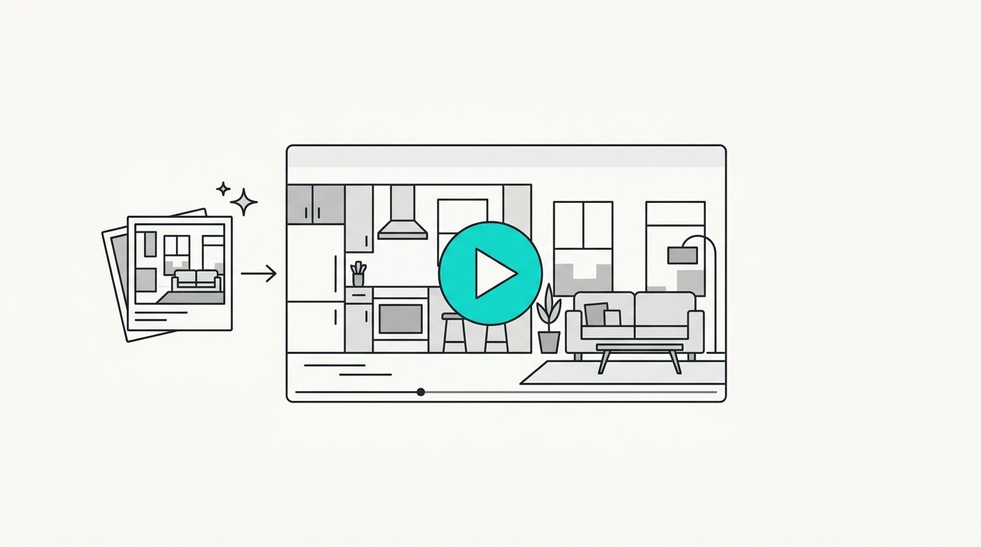 Listing photos feeding into a video player showing a home interior walkthrough
