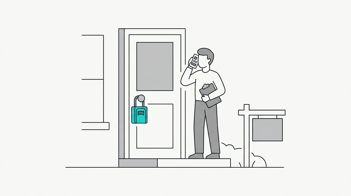 An agent on the phone at a front door with a lockbox and a yard sign