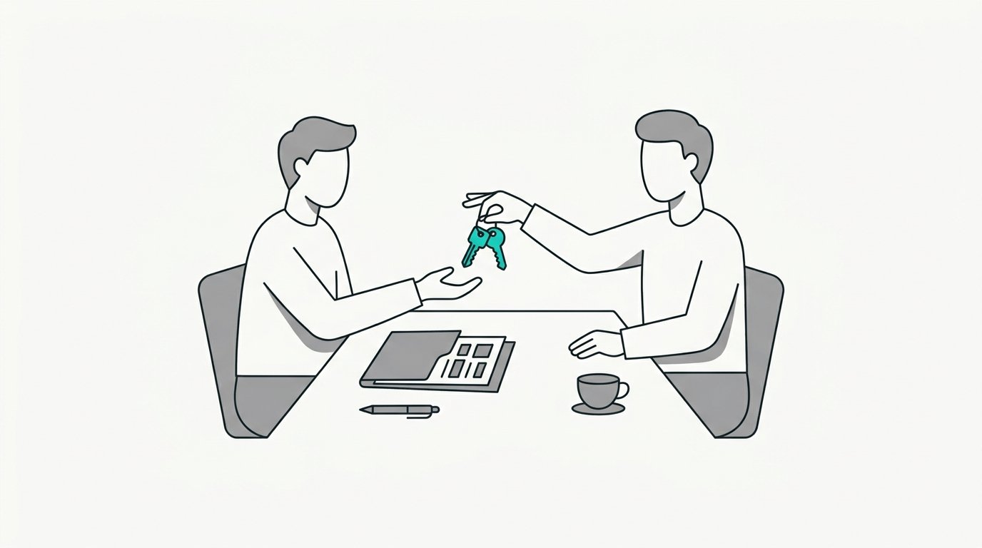 Two people at a closing table, keys being handed over