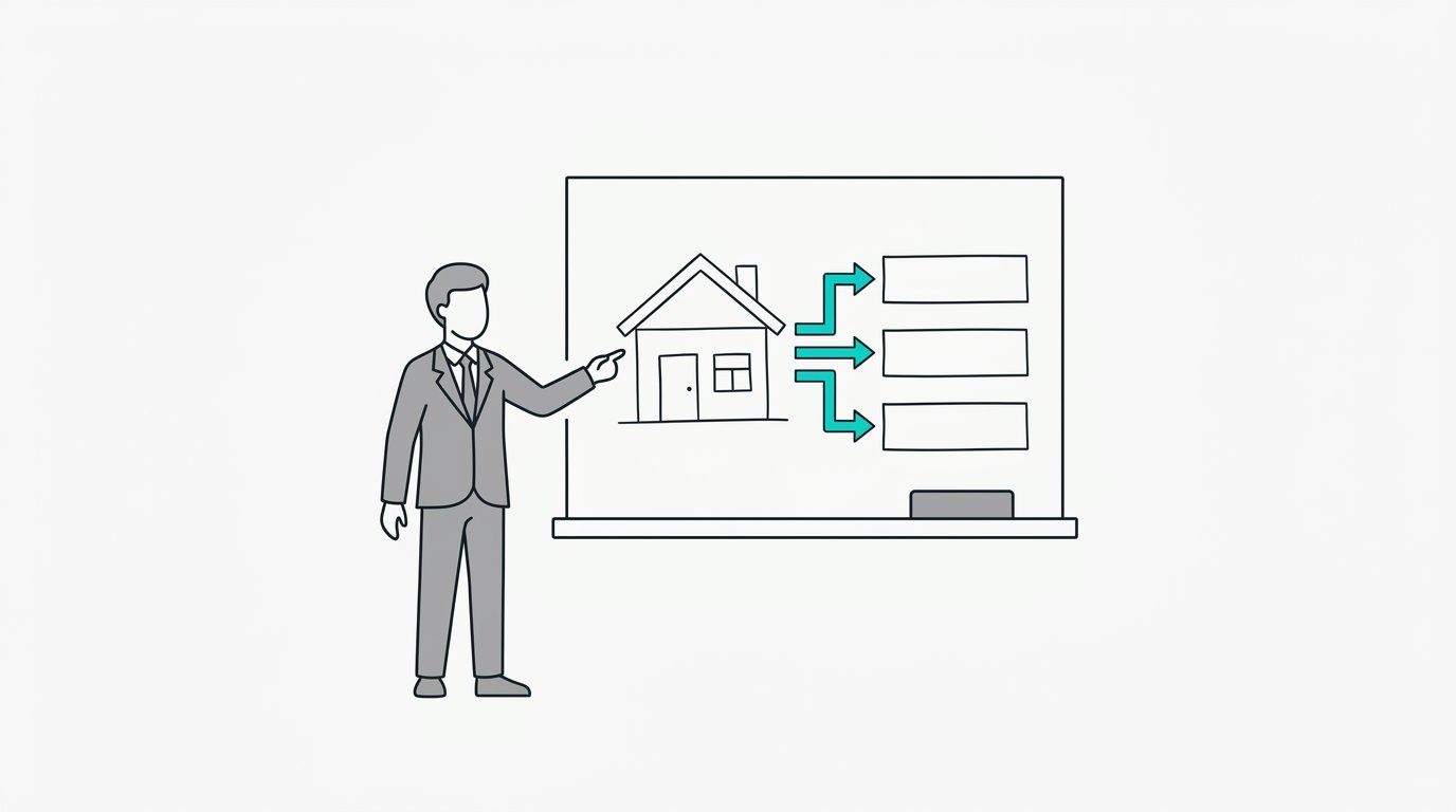 An investor pointing at a whiteboard with a house sketch and boxes connected by arrows
