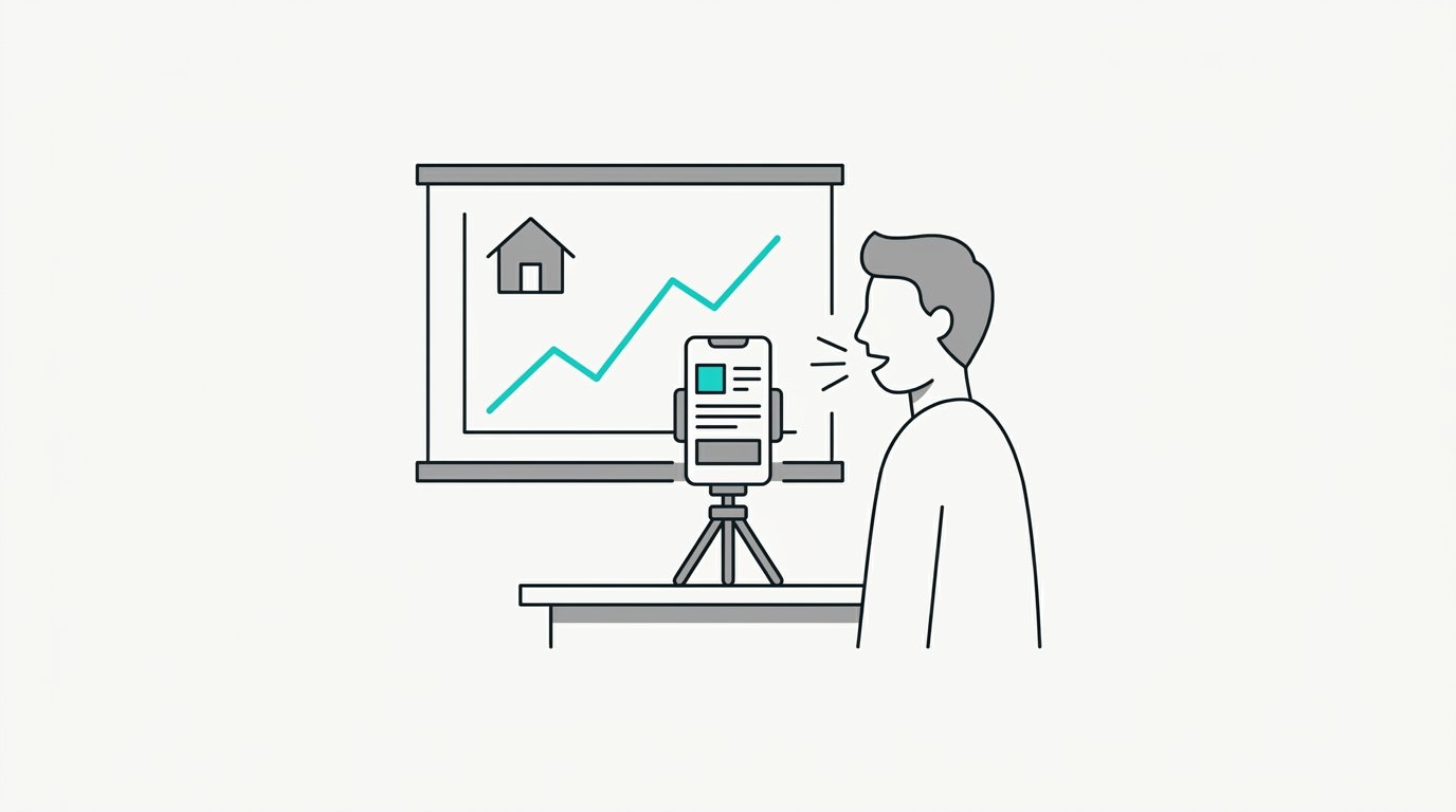A person talking to a phone on a tripod in front of a simple chart