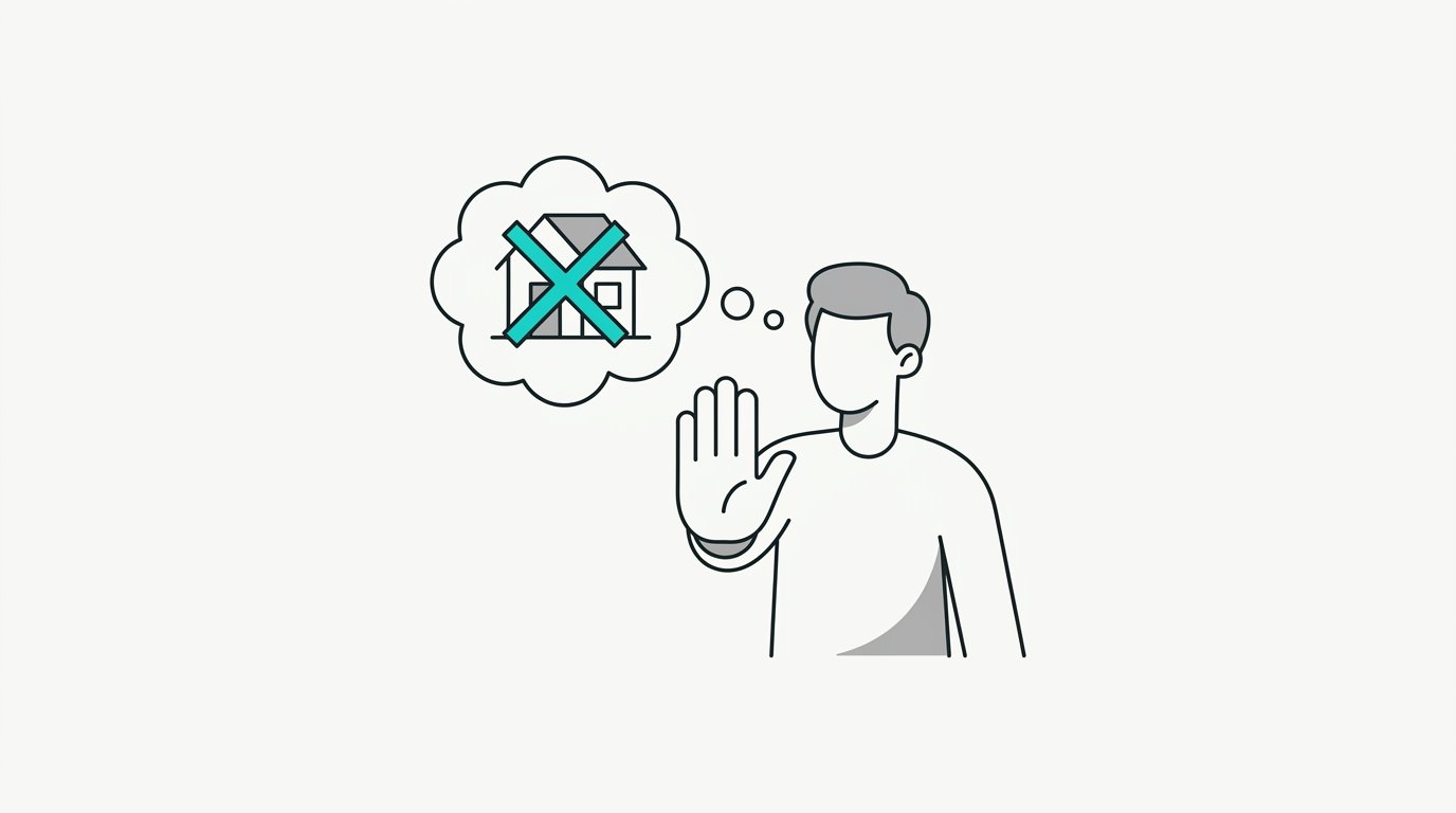 A person holding up a stop hand at a thought bubble with a crossed-out house