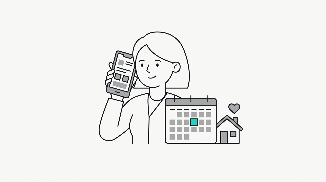 An agent on the phone beside a calendar with one appointment and a house with a heart