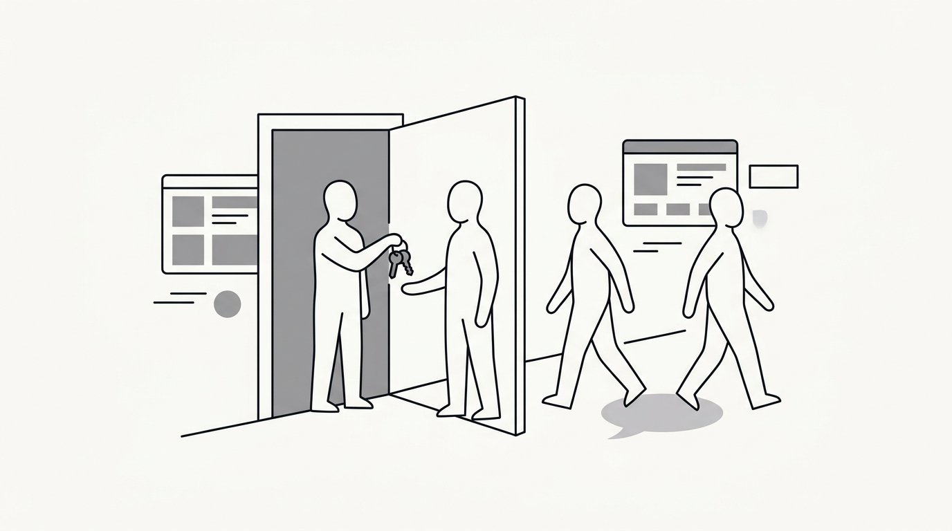 Keys handed over at a doorway, then two people walking away in opposite directions