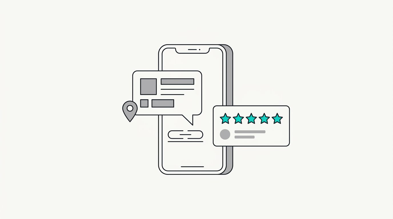 A phone with a review request text and a floating five star review card