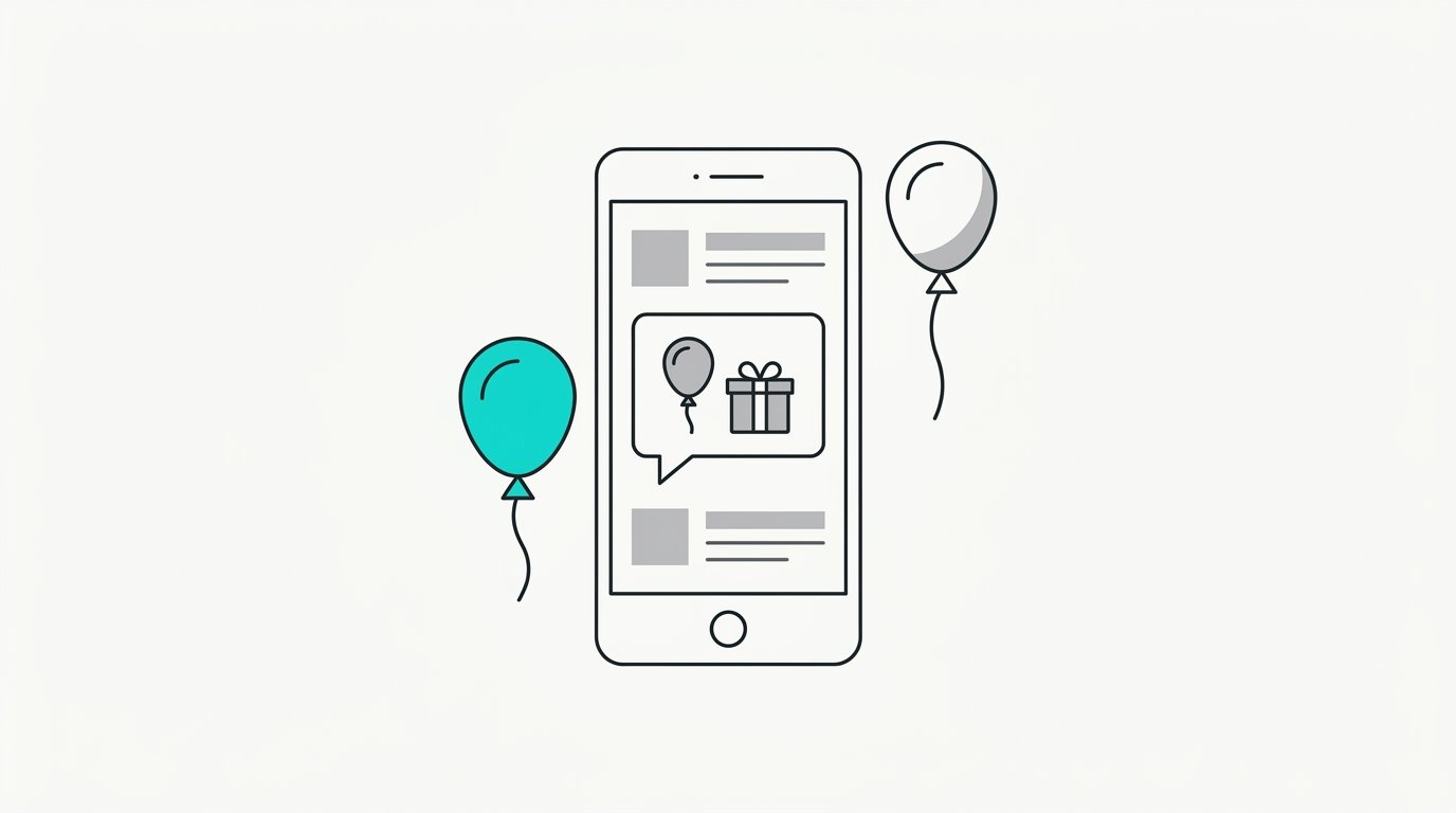 A phone with a birthday message and balloons beside it