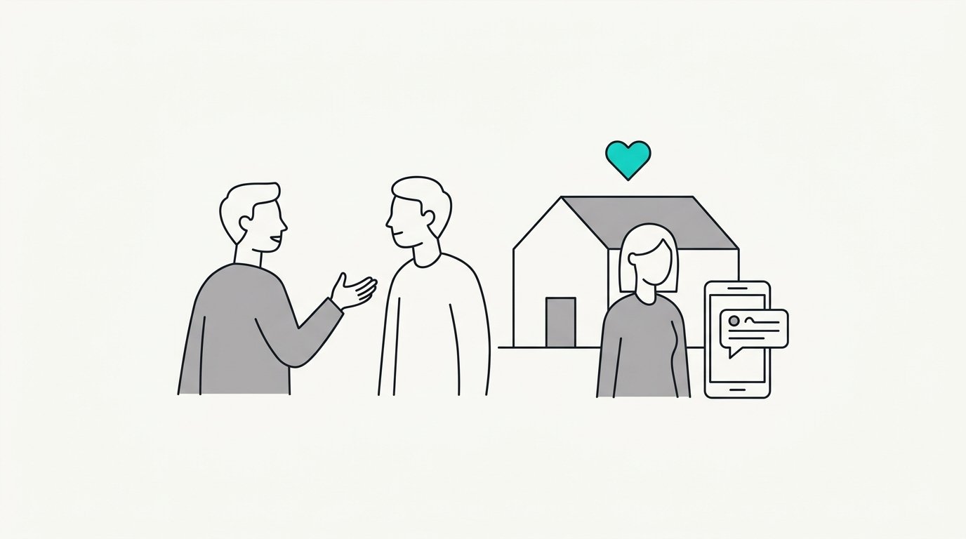 Two people talking, one gesturing to a third person by a house with a heart