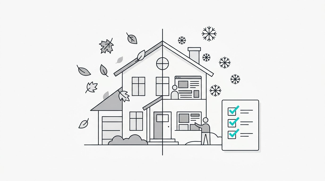 A house split between falling leaves and snow, with a checklist beside it