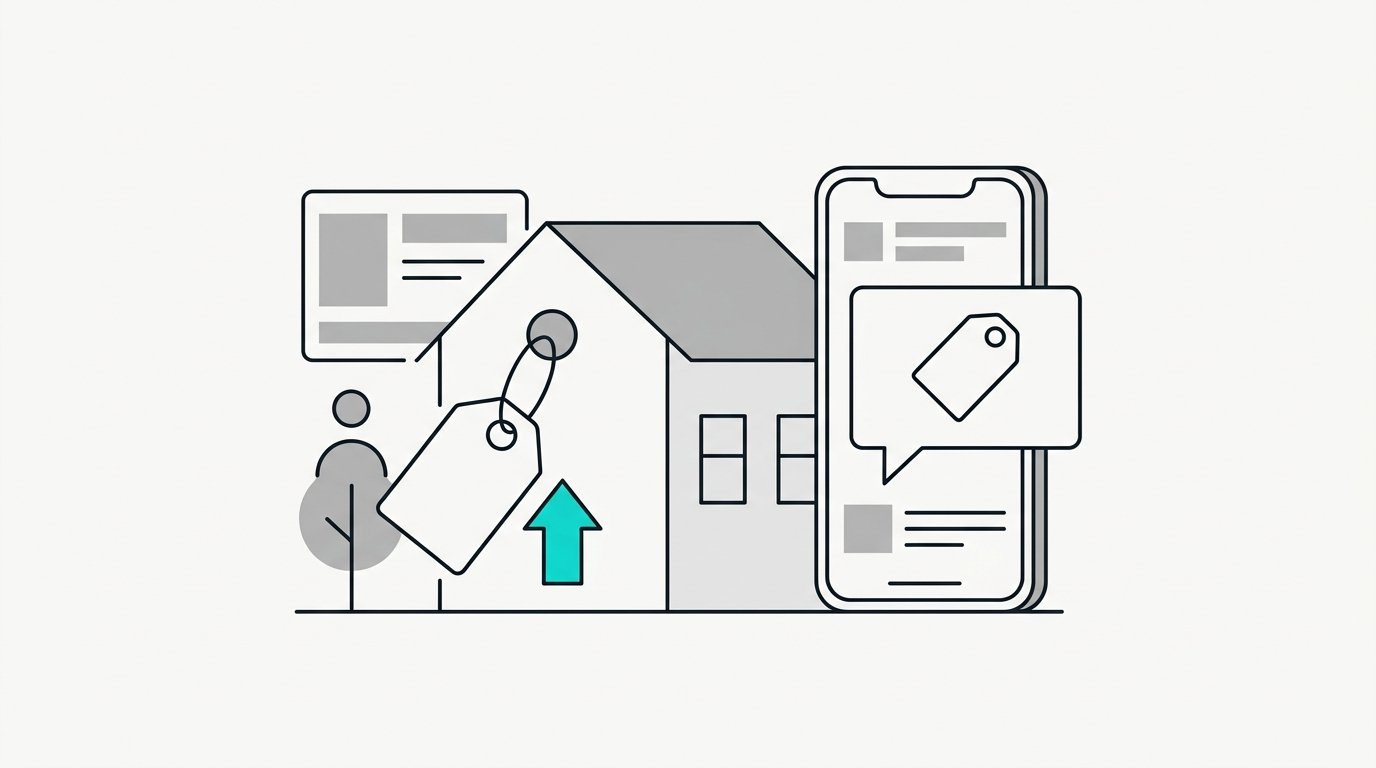 A house with a price tag and an upward arrow, a phone showing the same tag