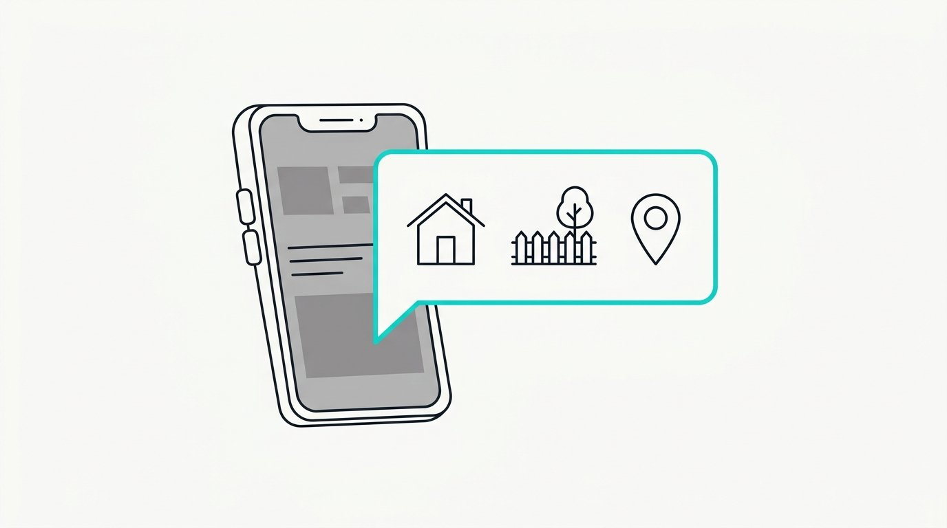 A phone with a message bubble showing a house, a fenced yard, and a map pin