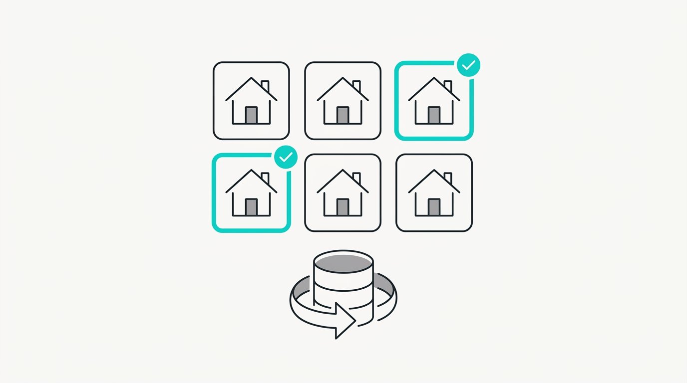A grid of house tiles with two highlighted and a database cylinder beneath