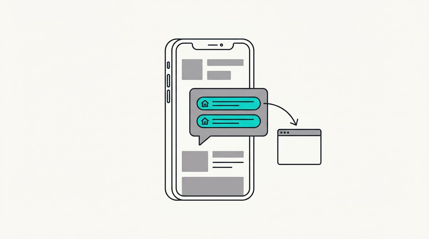 A phone with a reply bubble holding two links and an arrow to a browser window