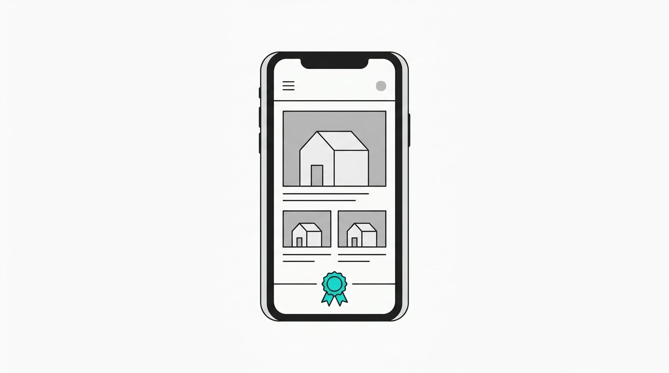 A phone showing a brokerage website with house photos and an official seal at the bottom