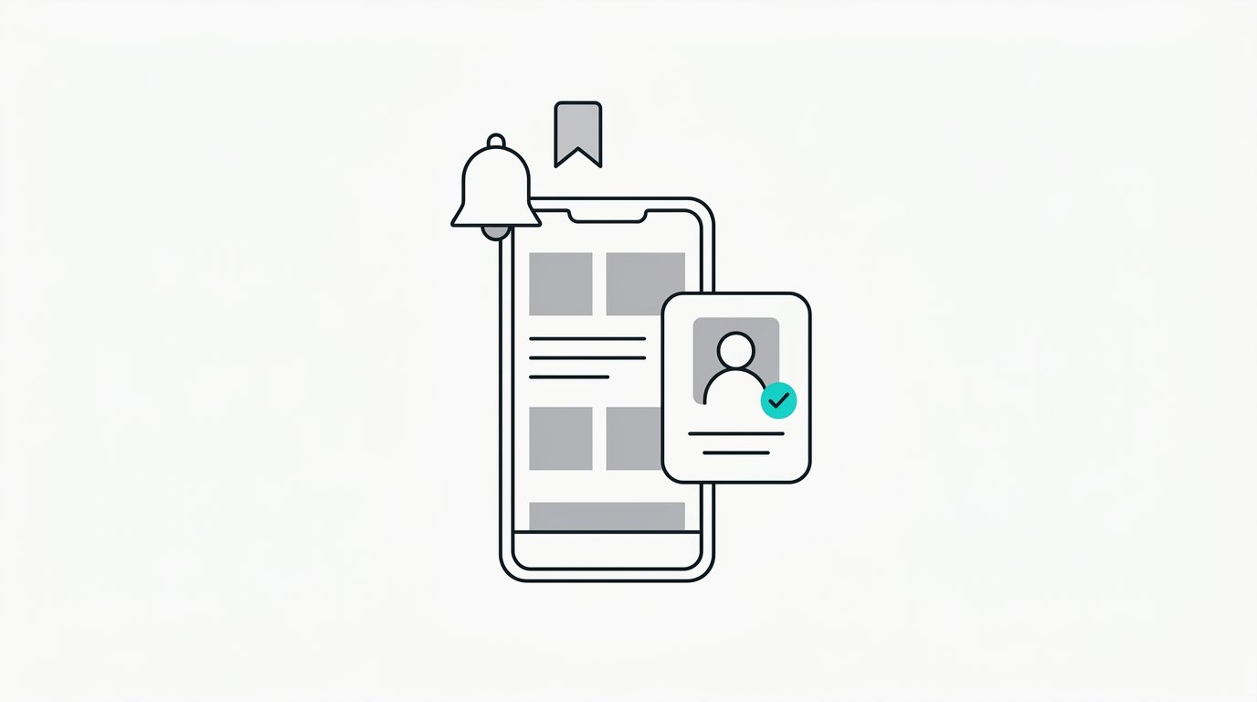 A phone with a bell and a bookmark above it, and a contact card with a check mark