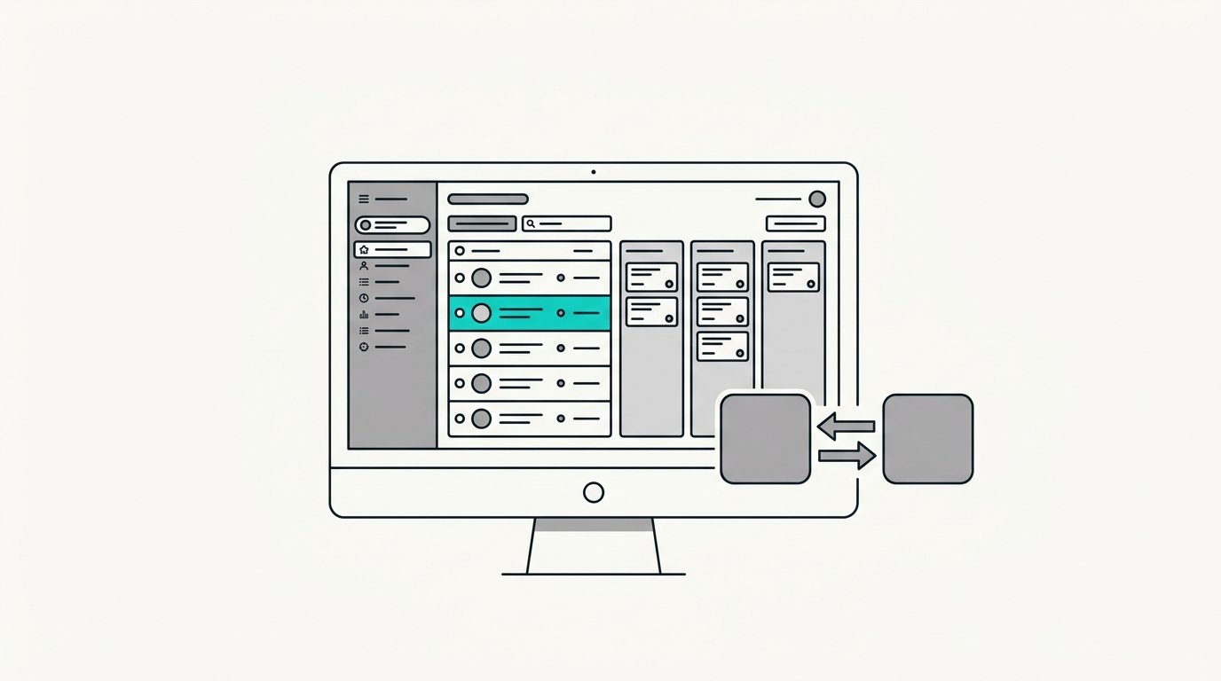 A desktop CRM with a contact list, a pipeline, one highlighted new row, and two apps syncing