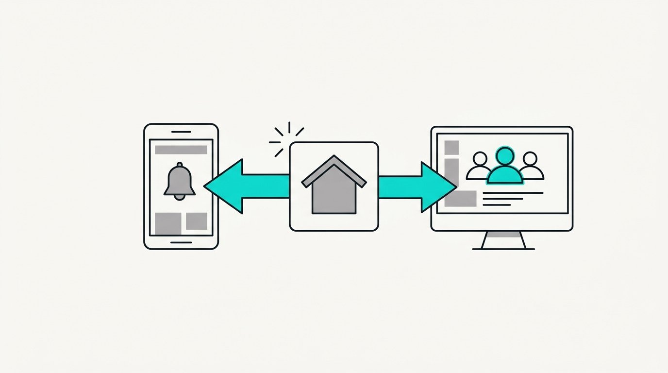 A new house tile with arrows to a phone with a bell and to a screen with three people