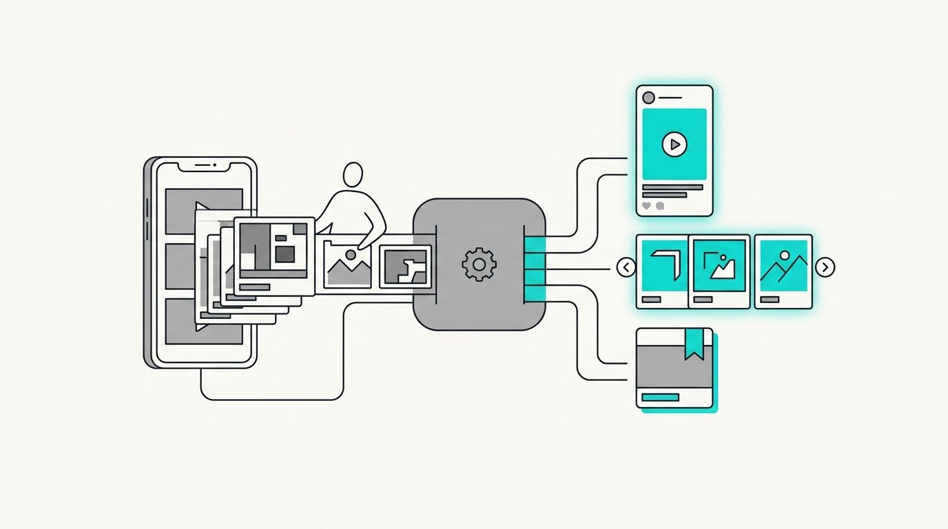 Raw phone clips flowing into a processing box and coming out as finished reels, carousels, and posts