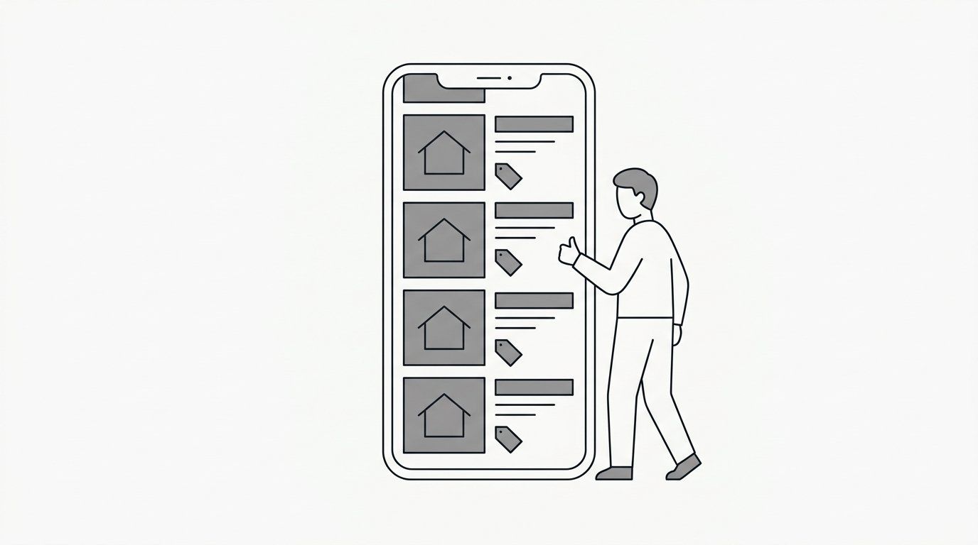 A phone feed of identical gray listing posts, a bored person scrolling past