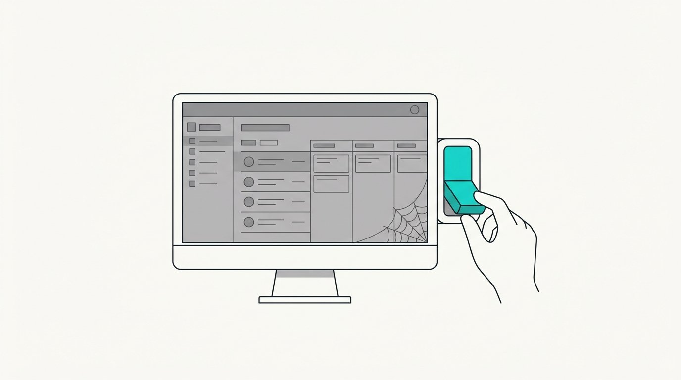 A dusty CRM dashboard with a hand flipping a switch on beside it