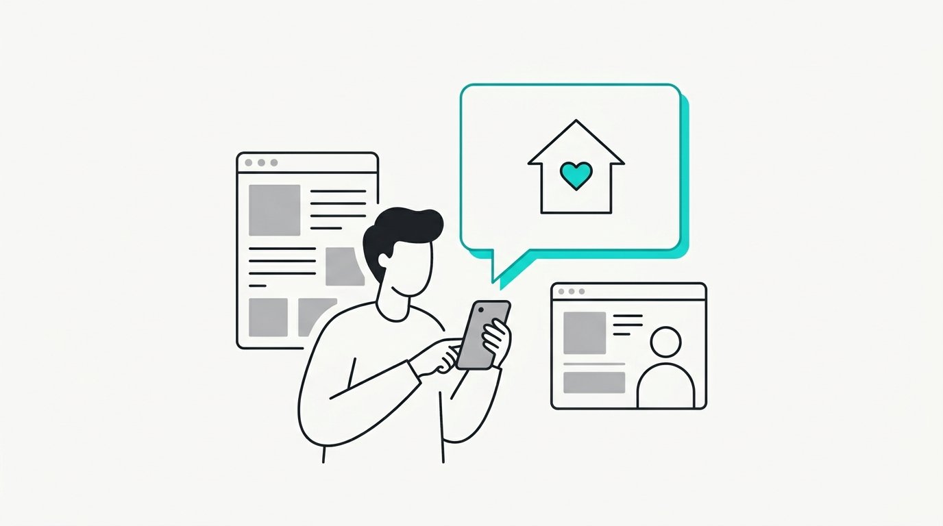 A person on their phone, a message bubble with a house rising from it