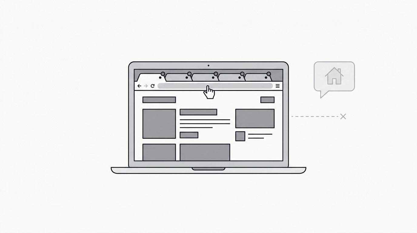 A laptop with five crowded browser tabs and a lonely message bubble outside it, its dashed line ending in an x
