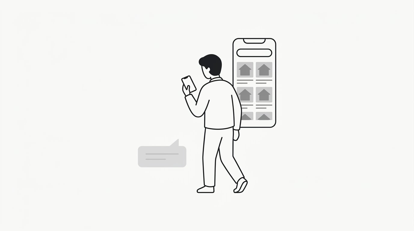 A person walking away looking at a listing app, a faded message bubble left behind